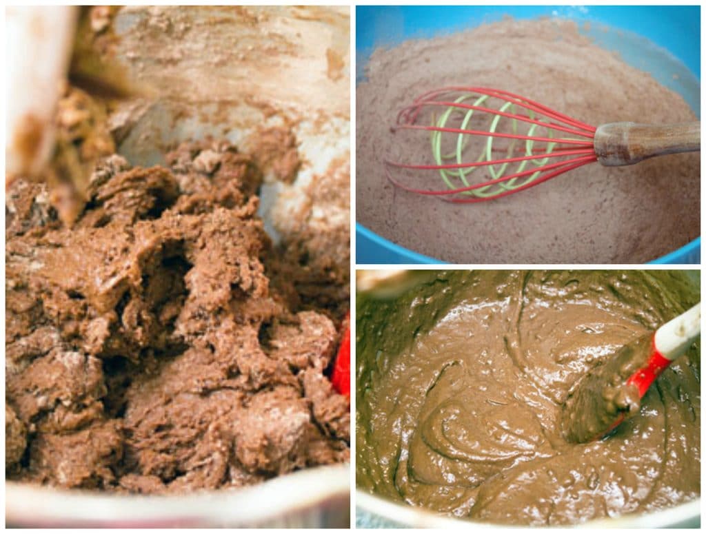 Collage showing process for making s'mores vodka cupcakes, including dry ingredients whisked in bowl, batter beaten together, and batter with hot water mixed in