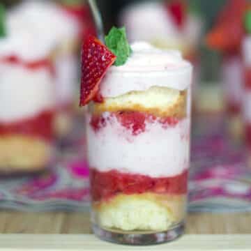 Closeup view of a strawberry mousse parfait.
