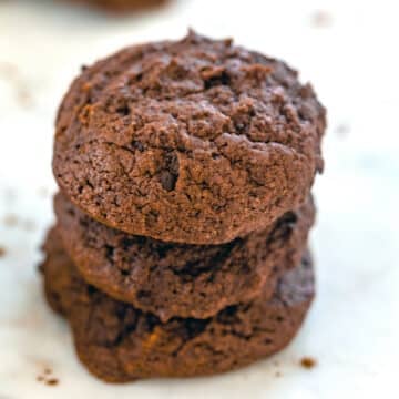 Closeup view of copycat Tartine double chocolate cookies in a stack.