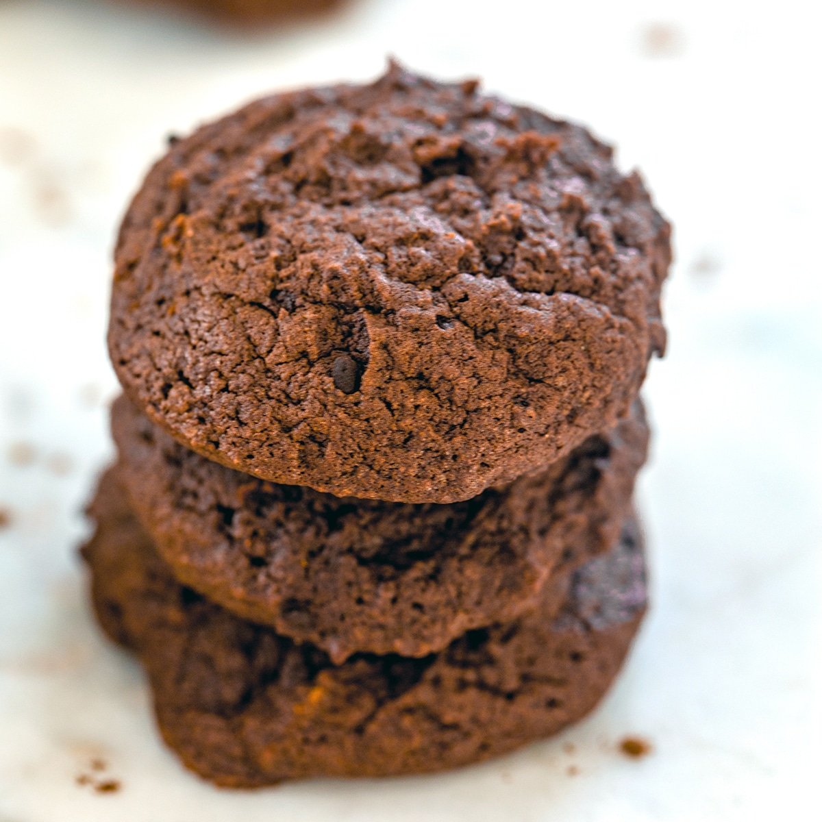 Closeup view of copycat Tartine double chocolate cookies in a stack.