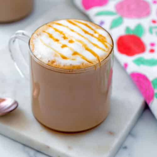 Closeup view of a caramel nonfat latte (Taylor Swift's Starbucks drink)