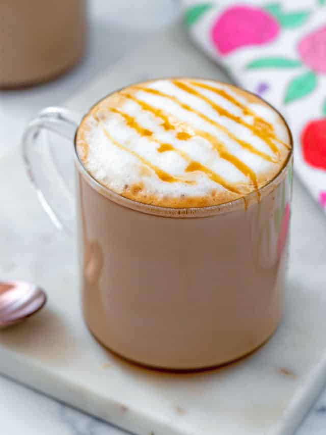 Caramel nonfat latte with caramel drizzle.
