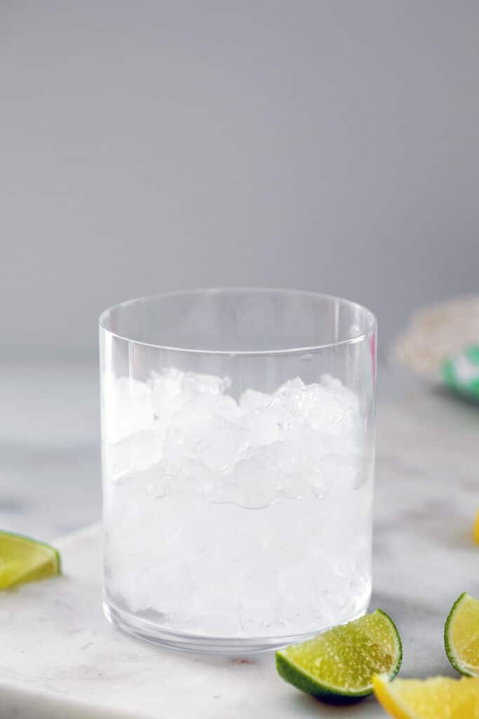 Glass filled with ice and tequila.