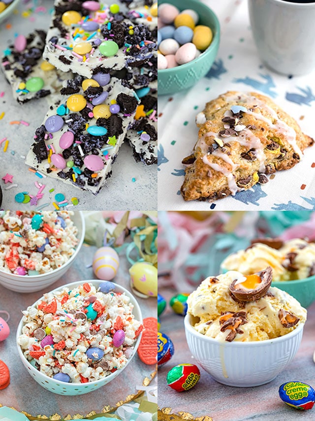Collage showing 4 different Easter desserts- Easter Oreo Bark, Cadbury Mini Egg Scones, Easter candy popcorn, and Cadbury Creme Egg ice cream.