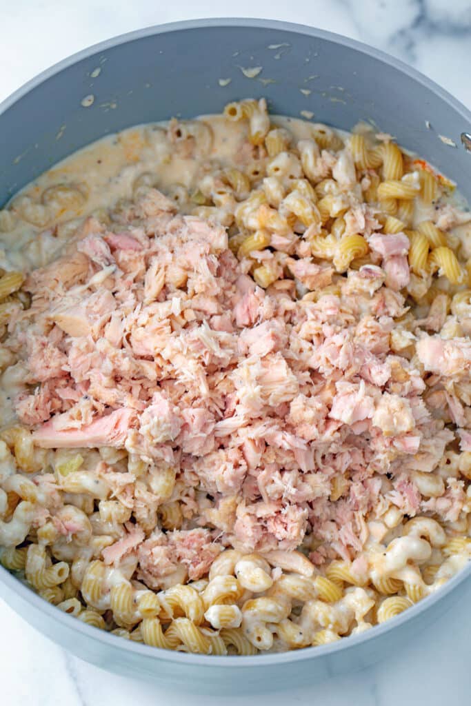 Tuna on top of mac and cheese in pot.