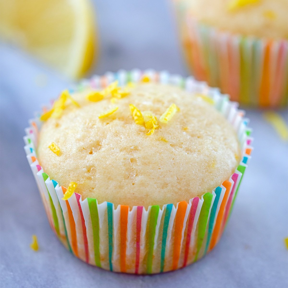 Closeup view of a Tuscan lemon muffin.
