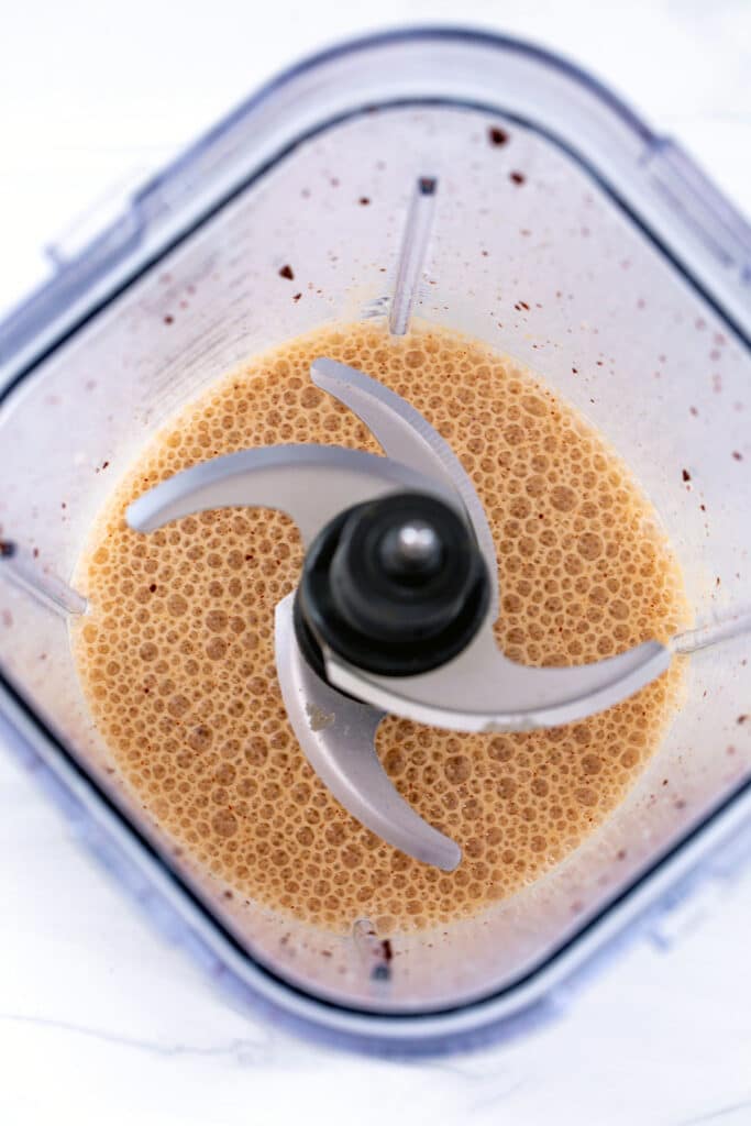 Overhead view of Frappuccino in blender.