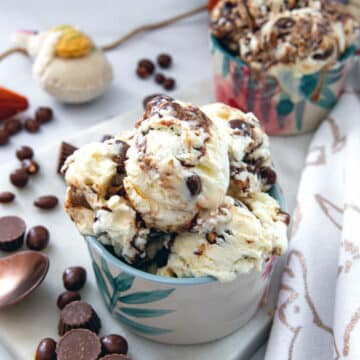 Closeup view of a bowl of bunny tracks ice cream.