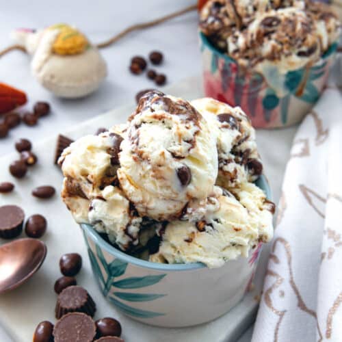 Closeup view of a bowl of bunny tracks ice cream.