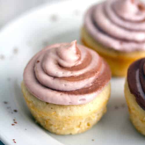 Closeup of a vanilla cupcake with chocolate and red wine buttercream frosting swirled.